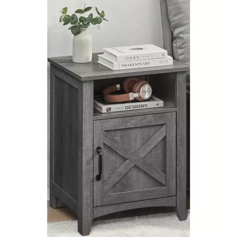 Table de chevet avec porte de grange, Table de chevet de rangement avec compartiment ouvert, Gris brumeux, Capacité de 60 kg