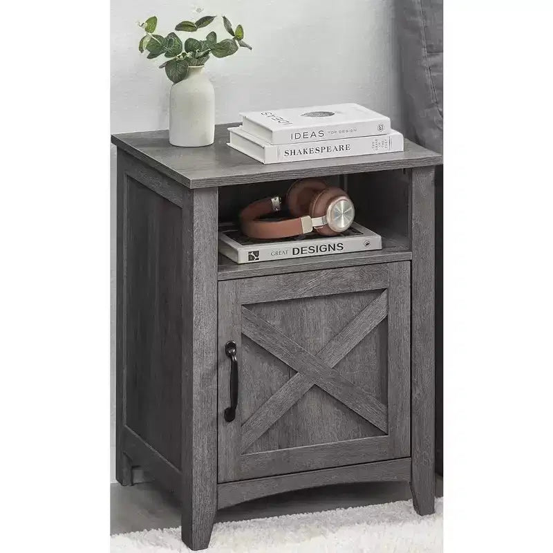 Table de chevet avec porte de grange, Table de chevet de rangement avec compartiment ouvert, Gris brumeux, Capacité de 60 kg