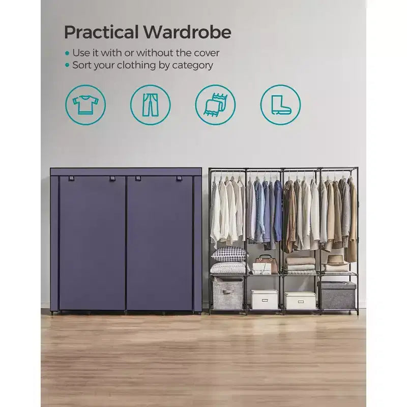 Armoire portable, Organisateur de penderie avec housse, 4 tringles et étagères, 4 poches latérales, 170 x 45 x 167 cm, Grande capacité