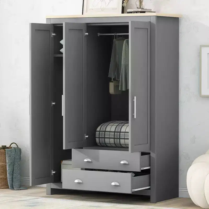 Armoire de rangement 3 portes avec placards et deux tringles de suspension, gris