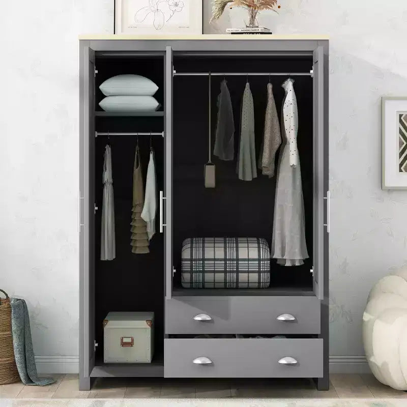 Armoire de rangement 3 portes avec placards et deux tringles de suspension, gris