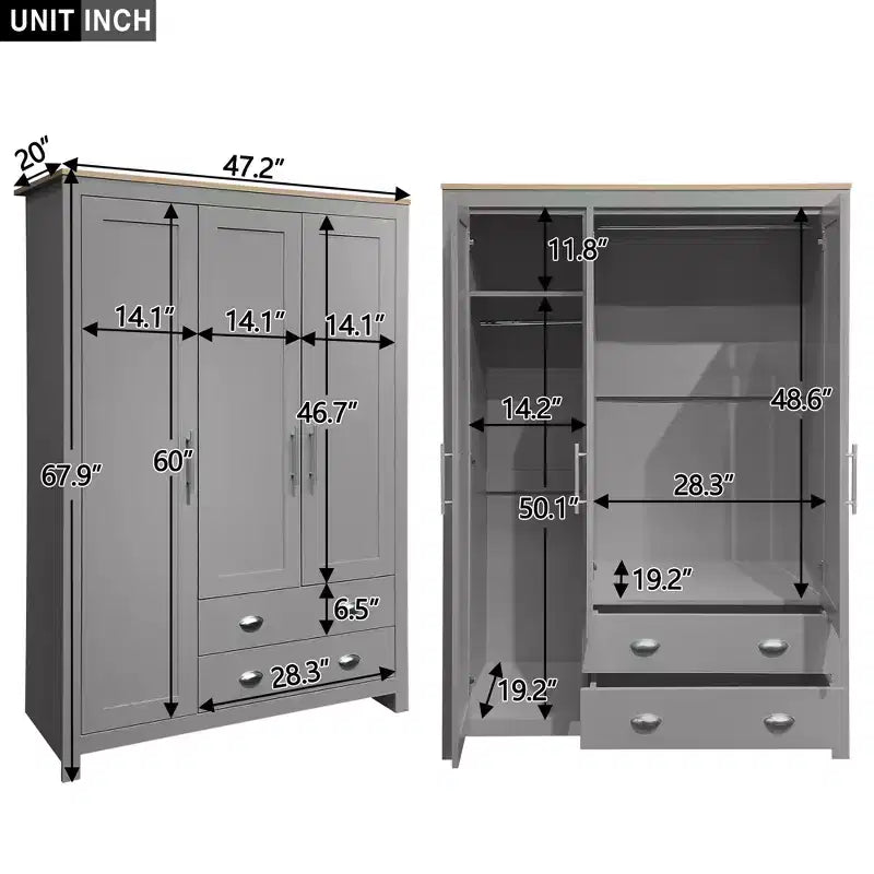 Armoire de rangement 3 portes avec placards et deux tringles de suspension, gris