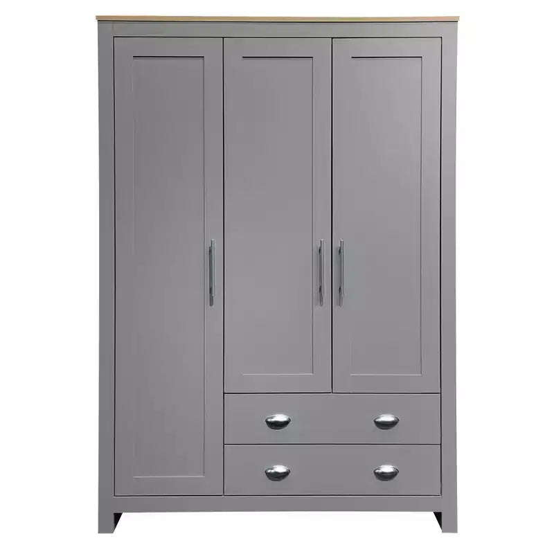 Armoire de rangement 3 portes avec placards et deux tringles de suspension, gris