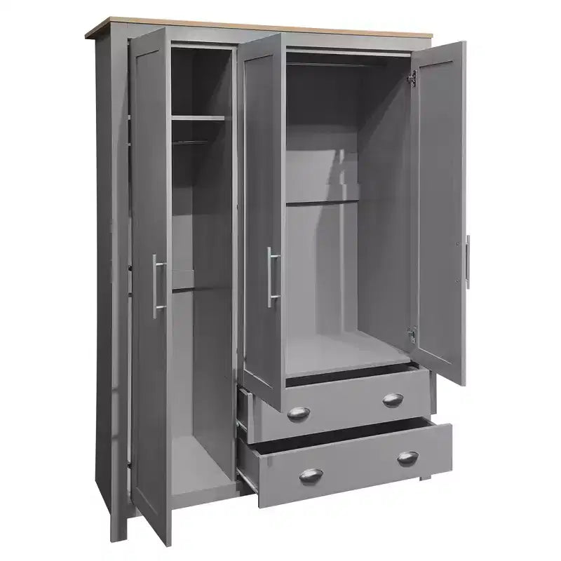 Armoire de rangement 3 portes avec placards et deux tringles de suspension, gris