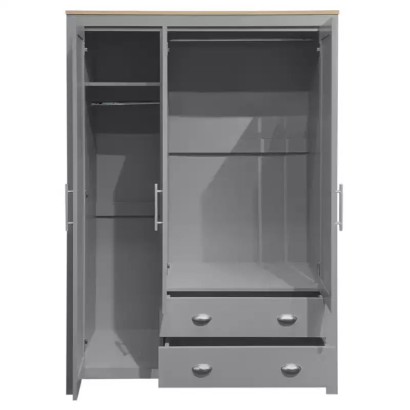 Armoire de rangement 3 portes avec placards et deux tringles de suspension, gris