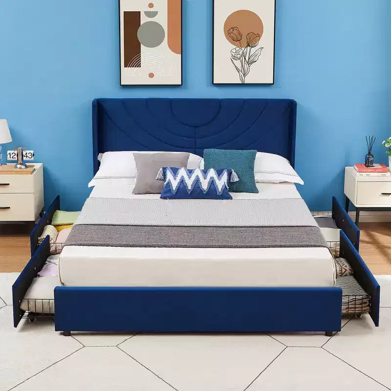 Cadre de lit rembourré Grand lit/Très grand lit Plateforme de lit avec tête de lit réglable et tiroirs de rangement