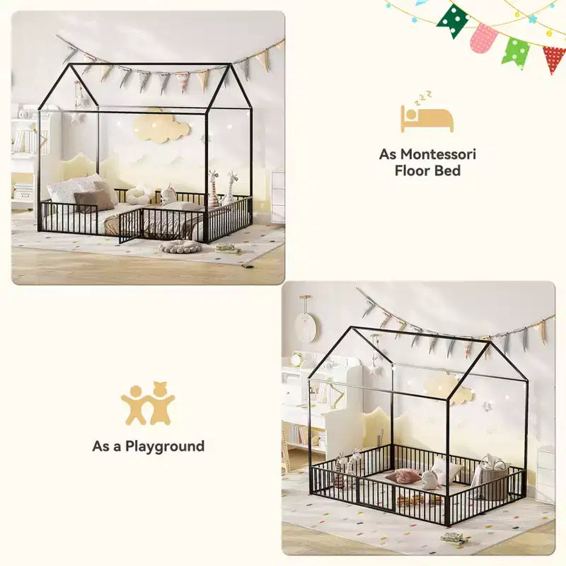 Lit Cabane pour Enfants, Lit au Sol pour Enfants, Lit Cabane en Métal avec Porte, Cadre de Lit au Sol pour Enfants, Lit au Sol avec Barrière