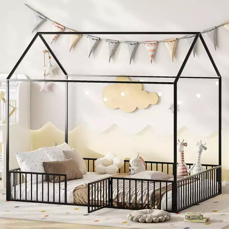 Lit Cabane pour Enfants, Lit au Sol pour Enfants, Lit Cabane en Métal avec Porte, Cadre de Lit au Sol pour Enfants, Lit au Sol avec Barrière