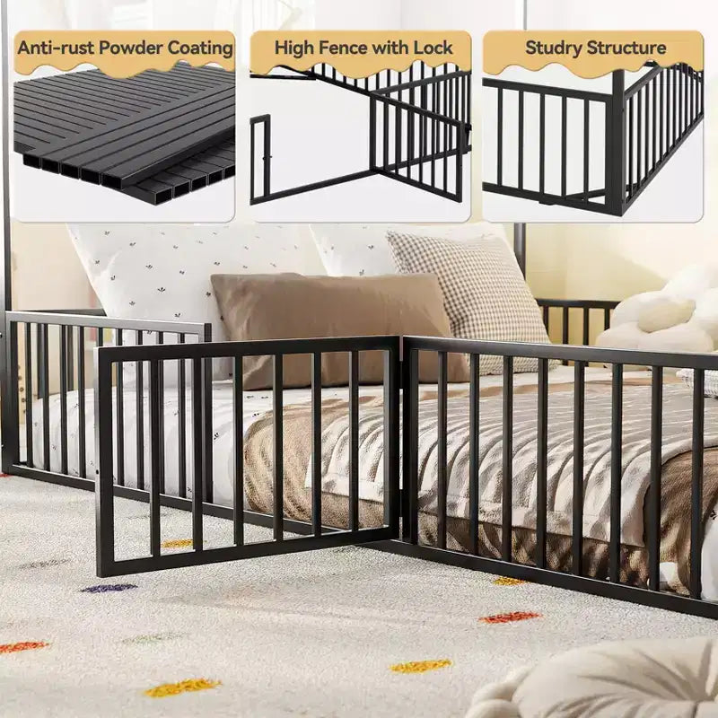 Lit Cabane pour Enfants, Lit au Sol pour Enfants, Lit Cabane en Métal avec Porte, Cadre de Lit au Sol pour Enfants, Lit au Sol avec Barrière