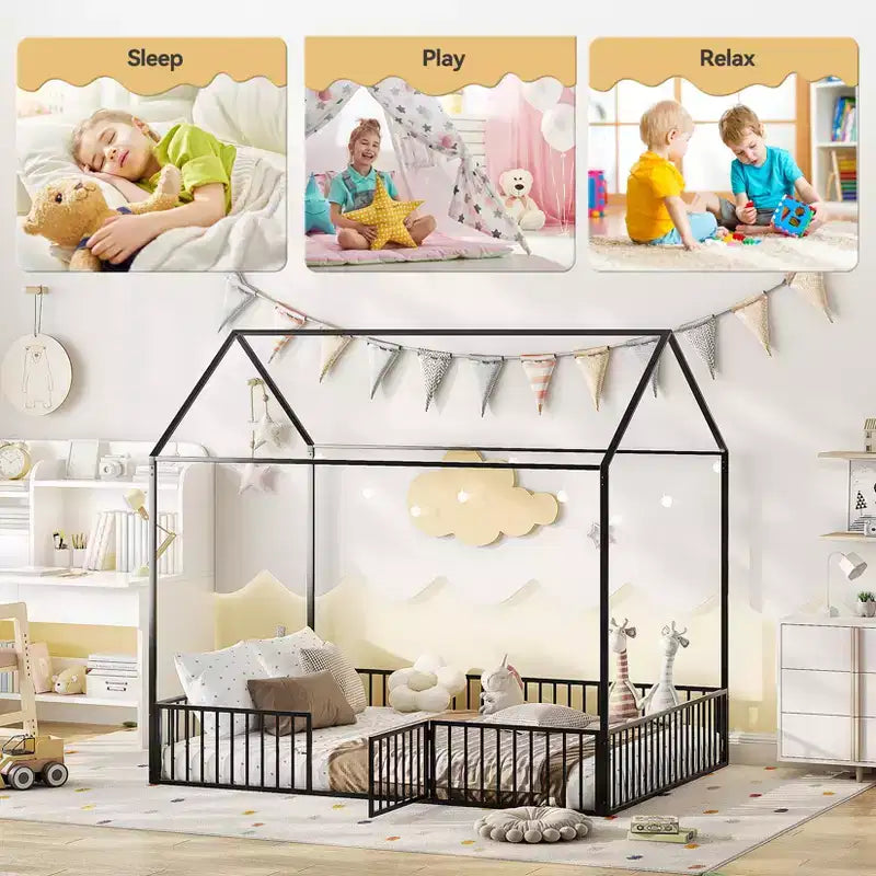 Lit Cabane pour Enfants, Lit au Sol pour Enfants, Lit Cabane en Métal avec Porte, Cadre de Lit au Sol pour Enfants, Lit au Sol avec Barrière