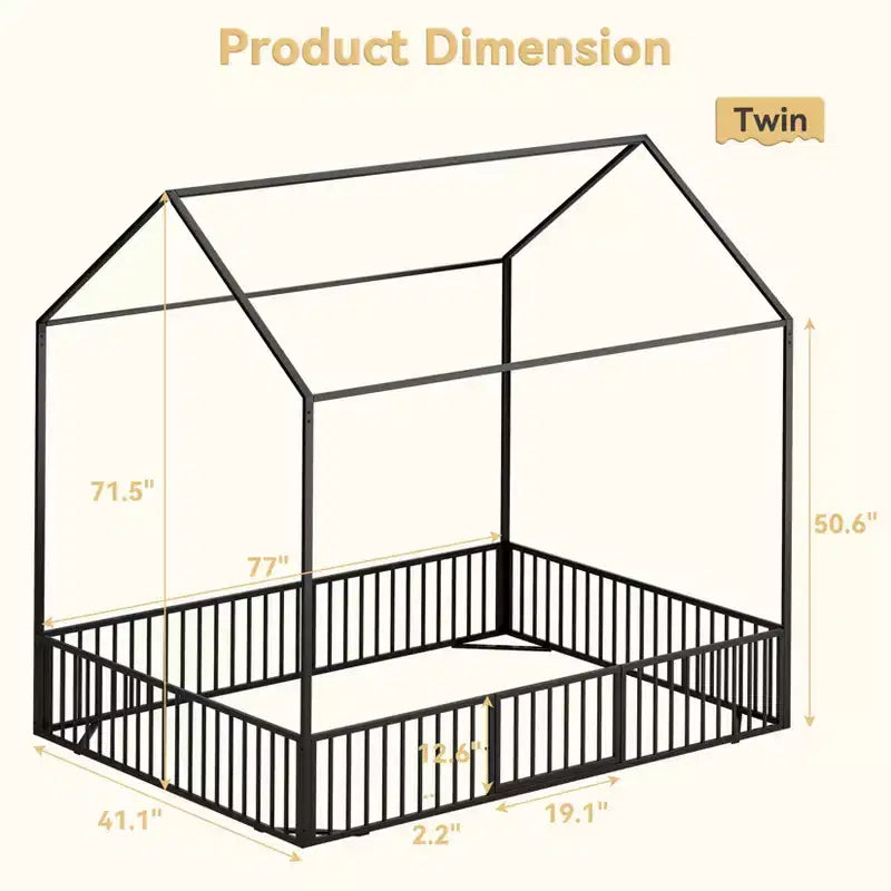 Lit Cabane pour Enfants, Lit au Sol pour Enfants, Lit Cabane en Métal avec Porte, Cadre de Lit au Sol pour Enfants, Lit au Sol avec Barrière