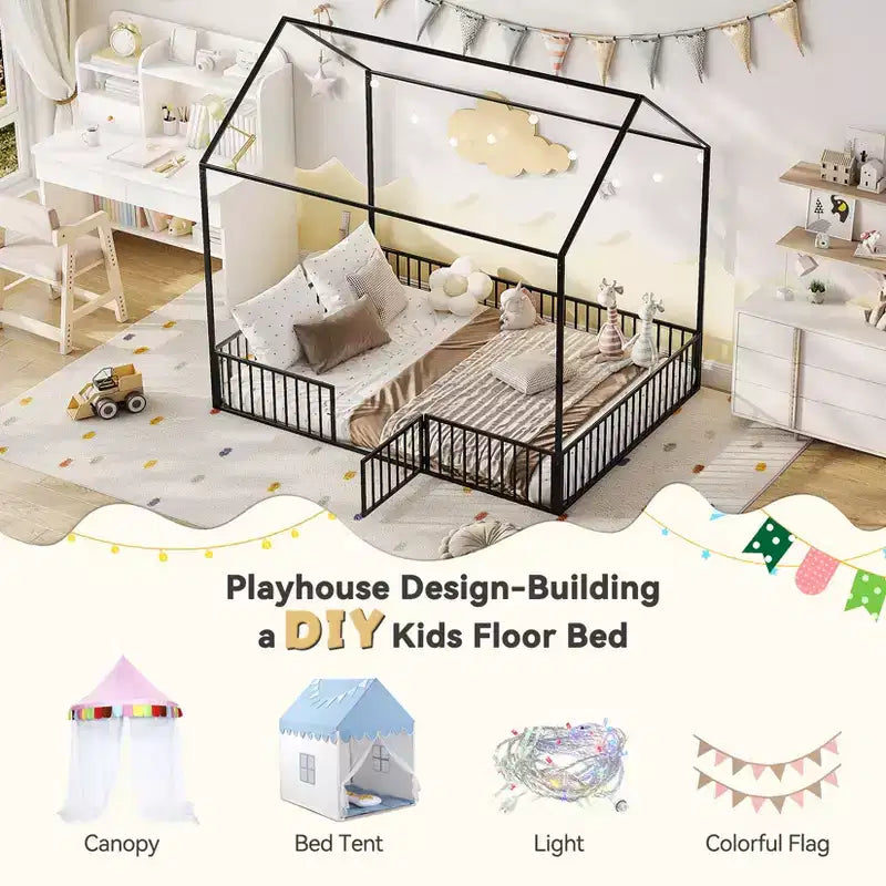 Lit Cabane pour Enfants, Lit au Sol pour Enfants, Lit Cabane en Métal avec Porte, Cadre de Lit au Sol pour Enfants, Lit au Sol avec Barrière