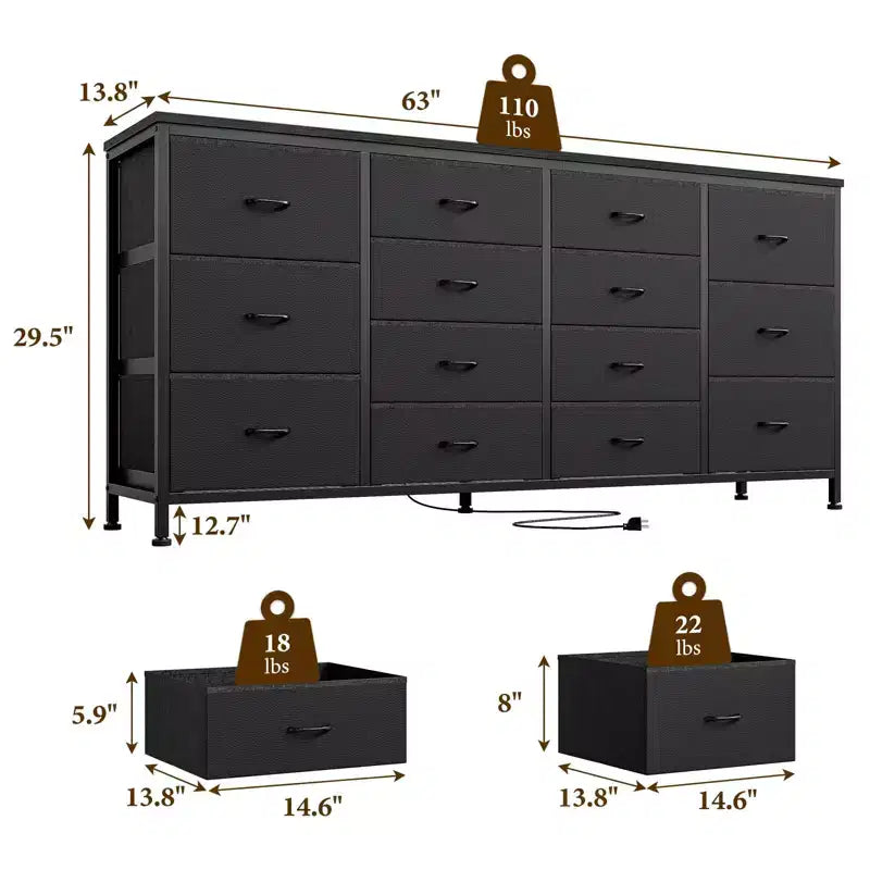Commode Meuble TV de 63 po de large pour téléviseur de 65, 70, 75 po, avec 14 tiroirs pour chambre à coucher avec prises de courant, grand meuble de divertissement long en tissu