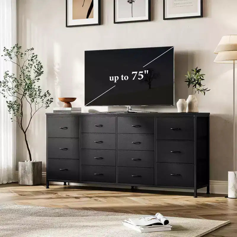 Commode Meuble TV de 63 po de large pour téléviseur de 65, 70, 75 po, avec 14 tiroirs pour chambre à coucher avec prises de courant, grand meuble de divertissement long en tissu