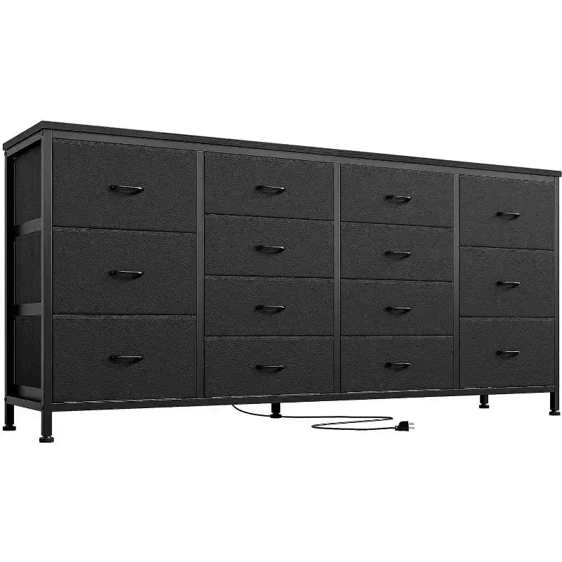 Commode Meuble TV de 63 po de large pour téléviseur de 65, 70, 75 po, avec 14 tiroirs pour chambre à coucher avec prises de courant, grand meuble de divertissement long en tissu