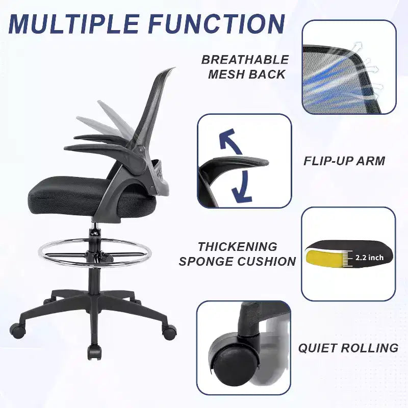 Chaise de bureau haute en maille, chaise de dessinateur, chaise d'ordinateur avec support lombaire, hauteur réglable, fonction pivotante et repose-pieds noir
