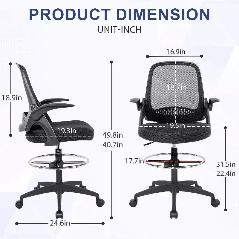 Chaise de bureau haute en maille, chaise de dessinateur, chaise d'ordinateur avec support lombaire, hauteur réglable, fonction pivotante et repose-pieds noir