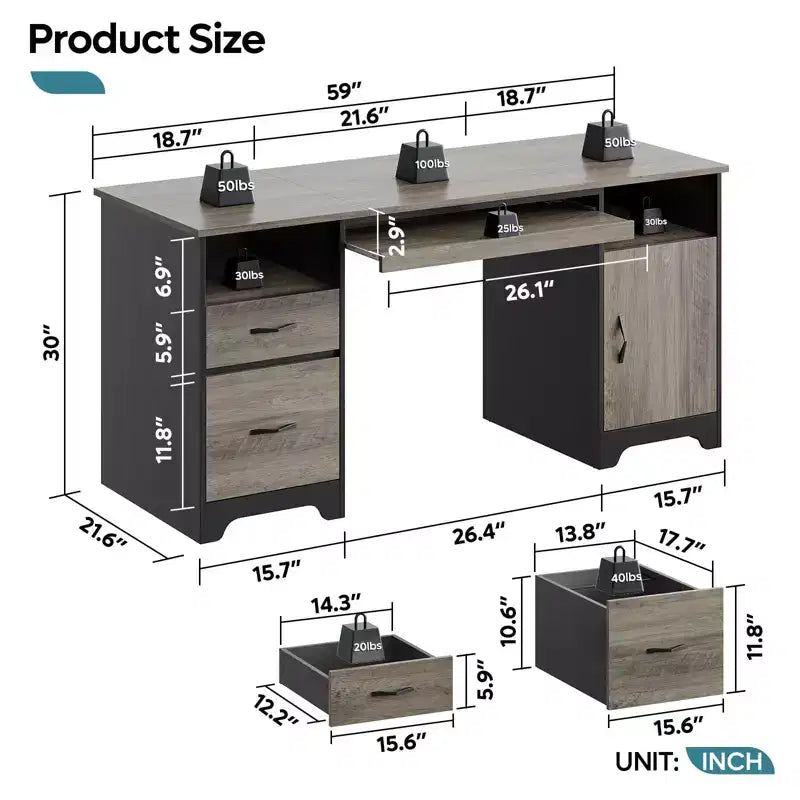Bureau informatique 59" avec tiroirs, bureau exécutif avec armoire de rangement, tablette coulissante pour clavier pour bureau à domicile