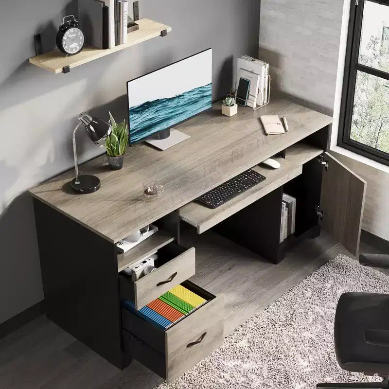 Bureau informatique 59" avec tiroirs, bureau exécutif avec armoire de rangement, tablette coulissante pour clavier pour bureau à domicile