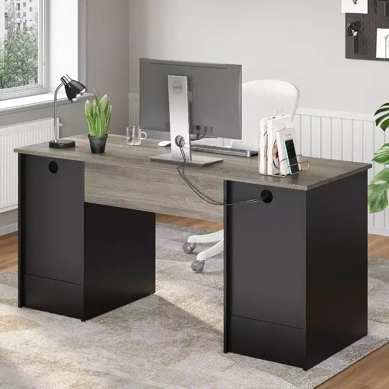 Bureau informatique 59" avec tiroirs, bureau exécutif avec armoire de rangement, tablette coulissante pour clavier pour bureau à domicile