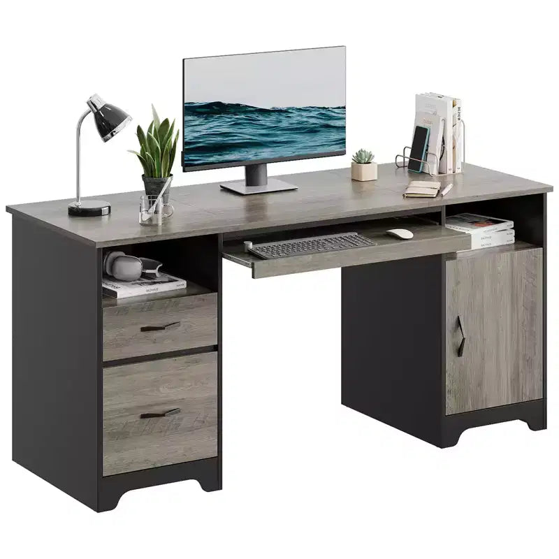 Bureau informatique 59" avec tiroirs, bureau exécutif avec armoire de rangement, tablette coulissante pour clavier pour bureau à domicile