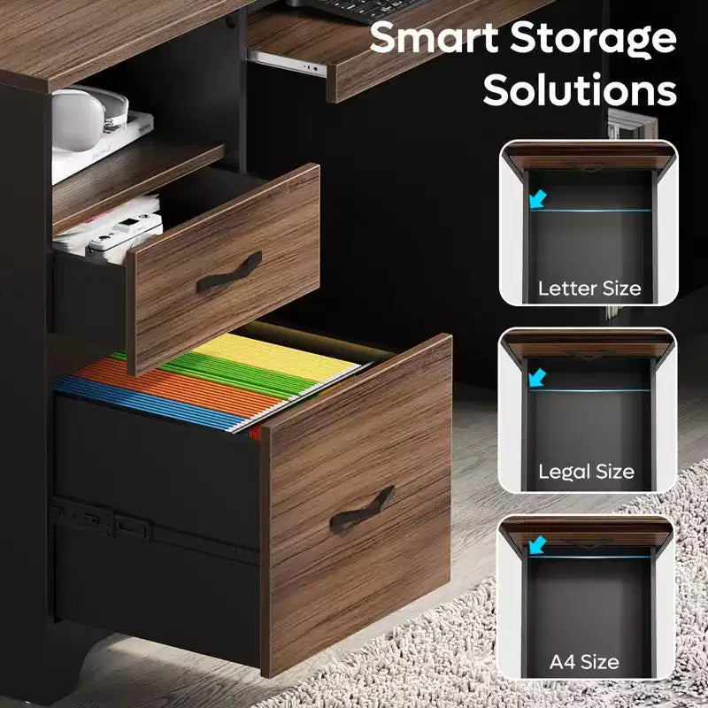 Bureau informatique 59" avec tiroirs, bureau exécutif avec armoire de rangement, tablette coulissante pour clavier pour bureau à domicile