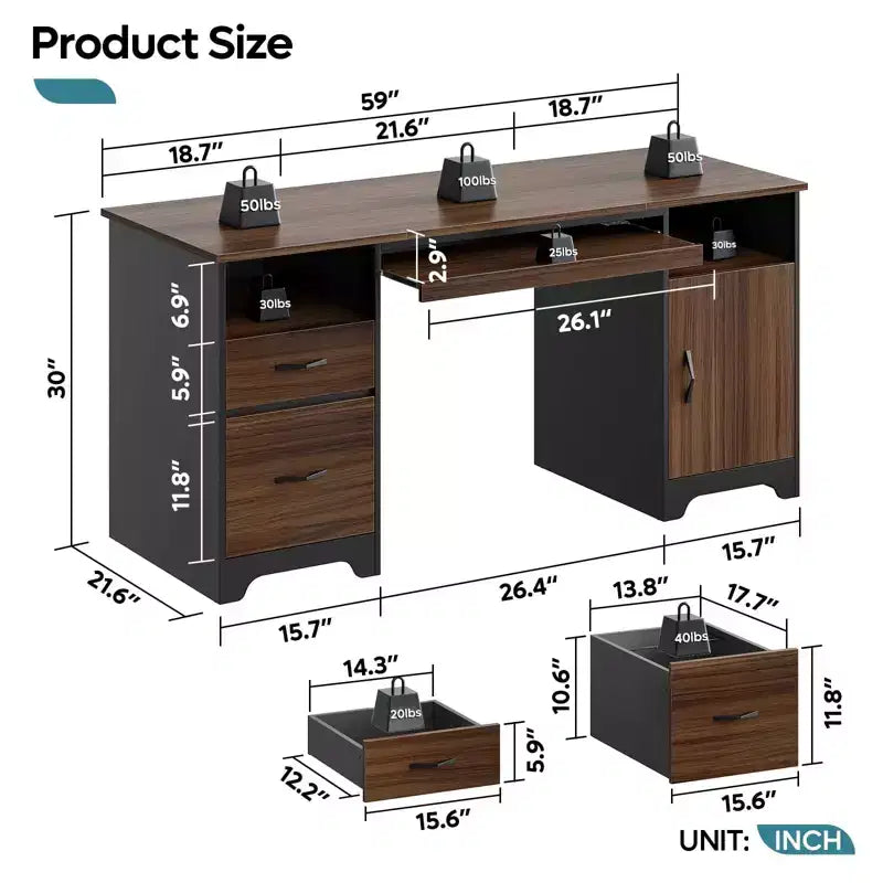 Bureau informatique 59" avec tiroirs, bureau exécutif avec armoire de rangement, tablette coulissante pour clavier pour bureau à domicile