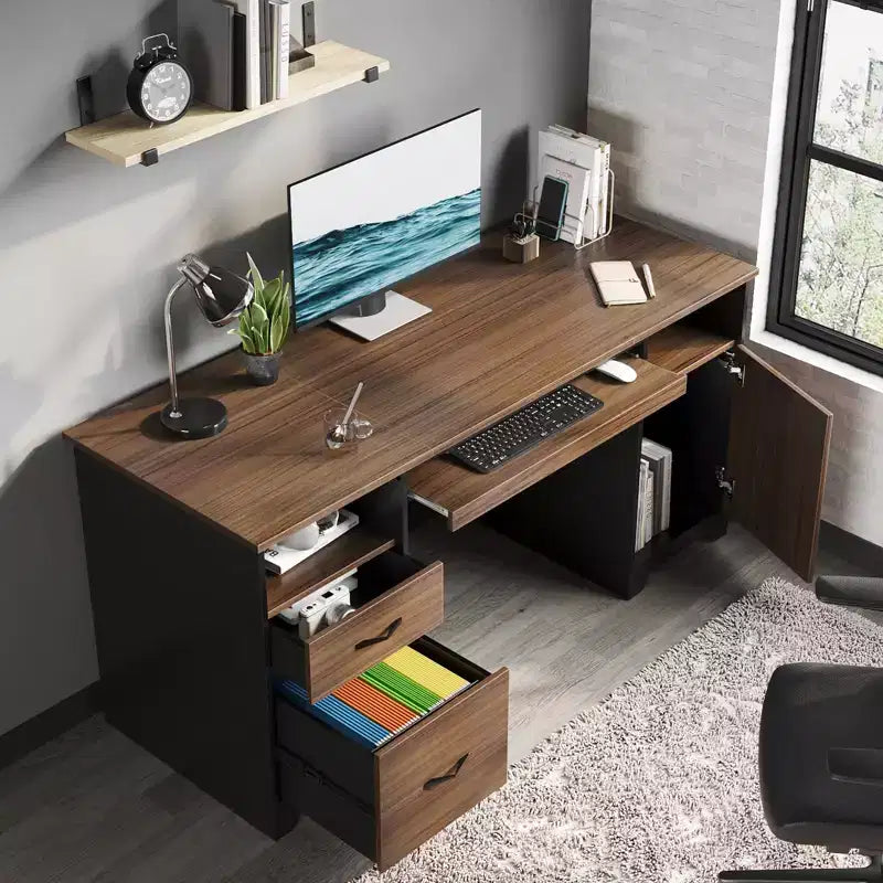 Bureau informatique 59" avec tiroirs, bureau exécutif avec armoire de rangement, tablette coulissante pour clavier pour bureau à domicile