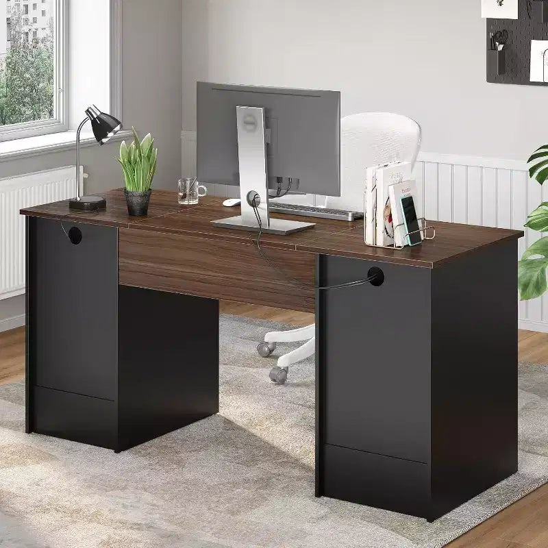 Bureau informatique 59" avec tiroirs, bureau exécutif avec armoire de rangement, tablette coulissante pour clavier pour bureau à domicile