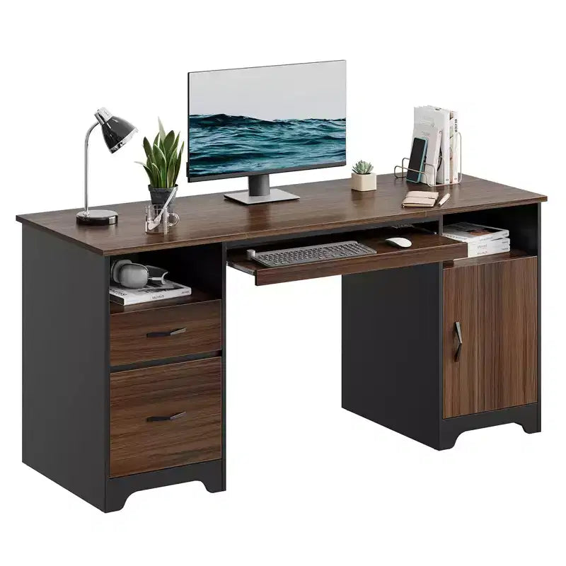 Bureau informatique 59" avec tiroirs, bureau exécutif avec armoire de rangement, tablette coulissante pour clavier pour bureau à domicile