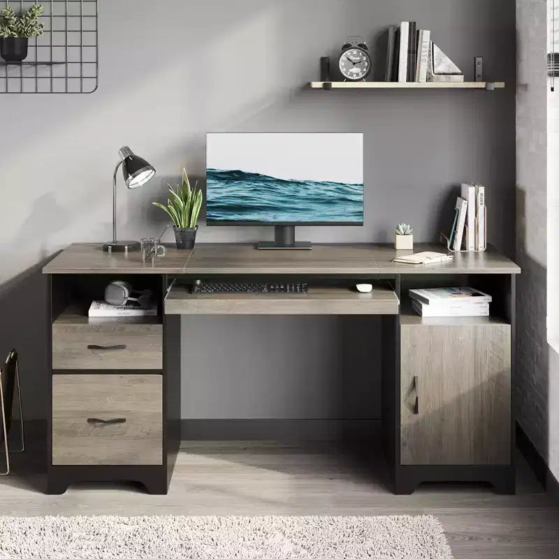 Bureau informatique 59" avec tiroirs, bureau exécutif avec armoire de rangement, tablette coulissante pour clavier pour bureau à domicile