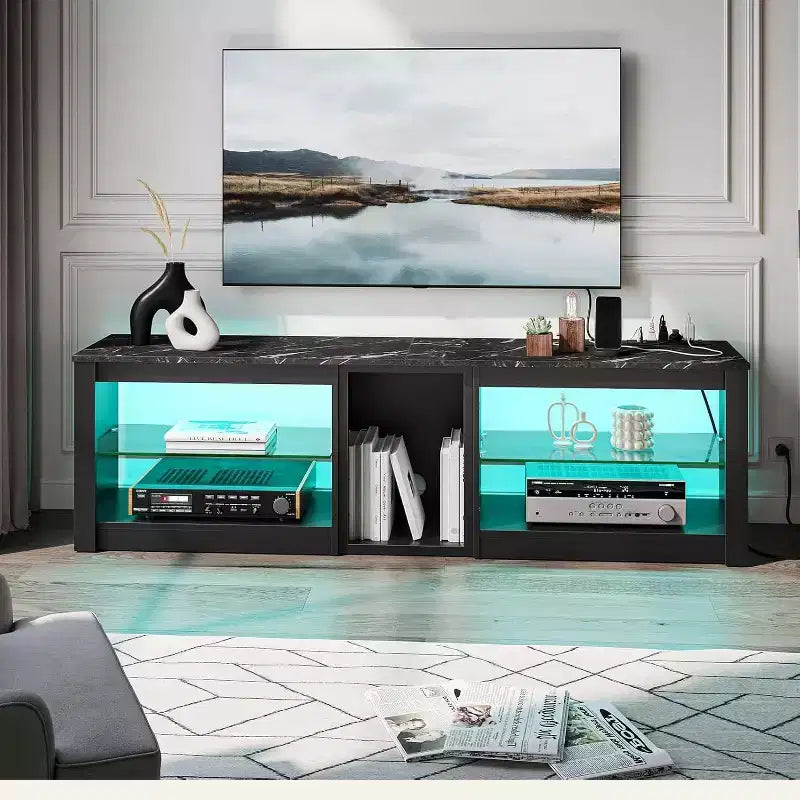 Meuble TV LED de 63 pouces avec station de charge et étagères en verre