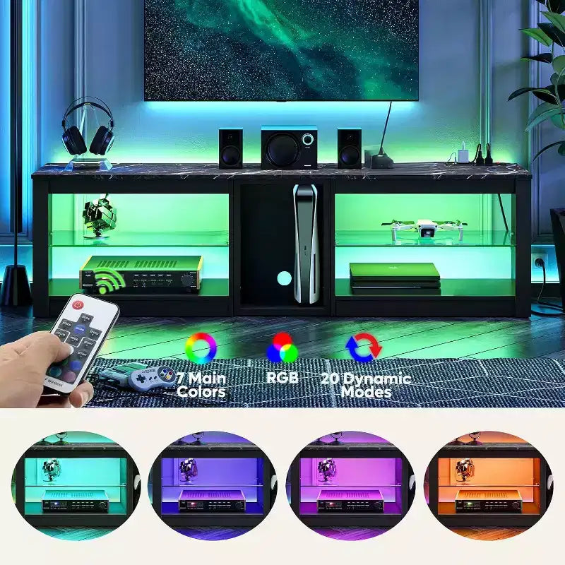 Meuble TV LED de 63 pouces avec station de charge et étagères en verre