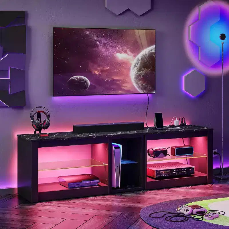Meuble TV LED de 63 pouces avec station de charge et étagères en verre