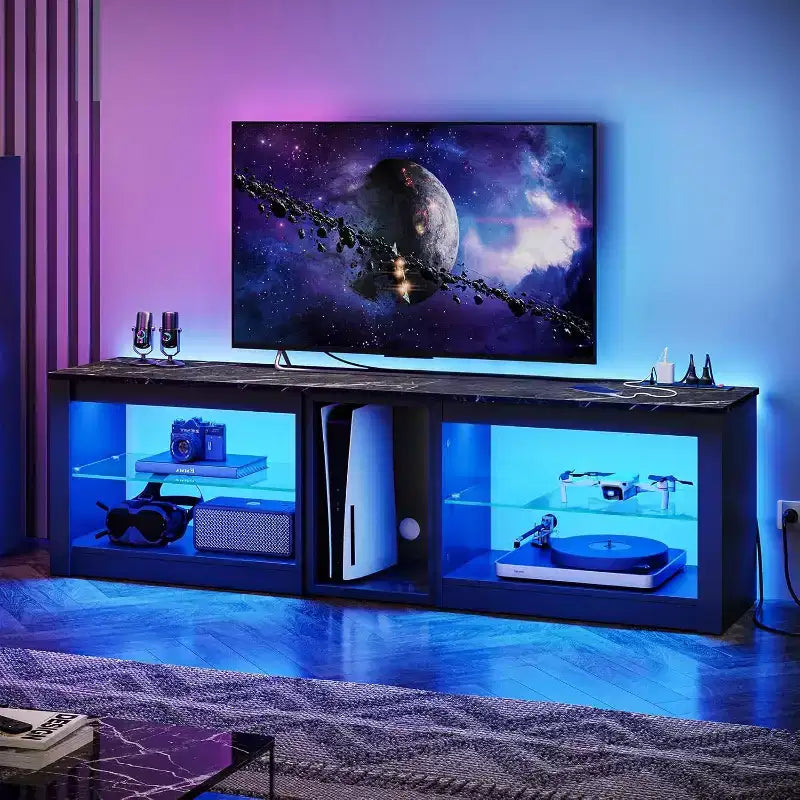 Meuble TV LED de 63 pouces avec station de charge et étagères en verre