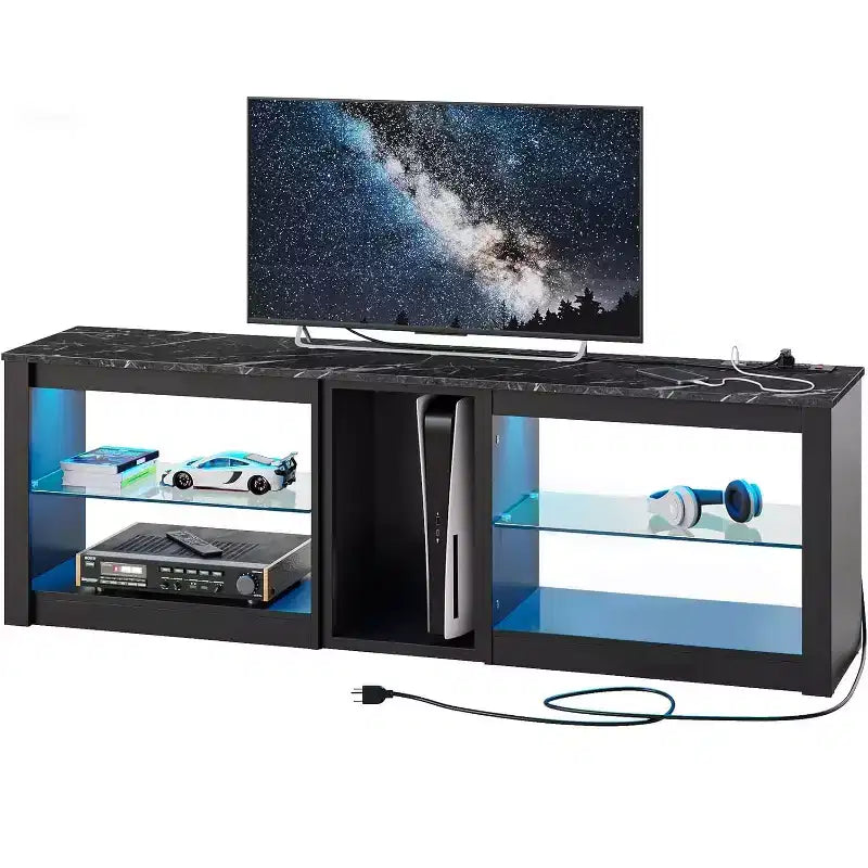 Meuble TV LED de 63 pouces avec station de charge et étagères en verre