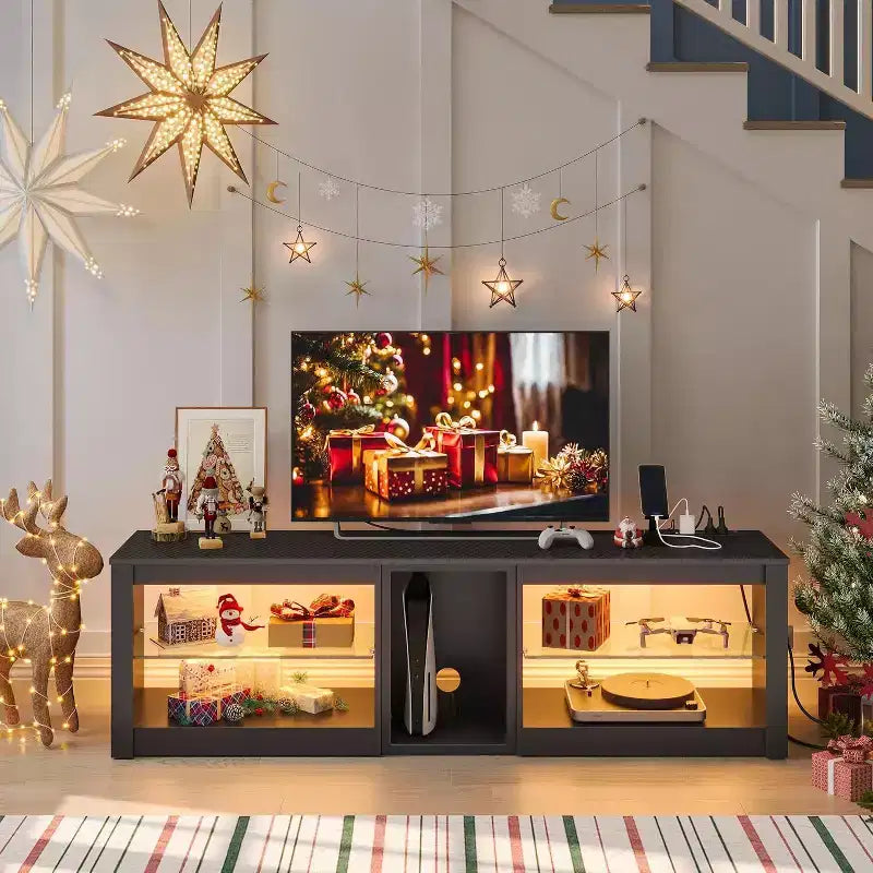 Meuble TV LED de 63 pouces avec station de charge et étagères en verre