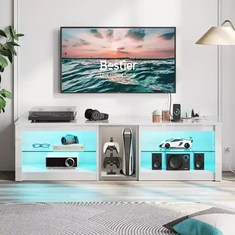 Meuble TV LED de 63 pouces avec station de charge et étagères en verre
