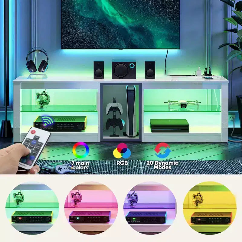 Meuble TV LED de 63 pouces avec station de charge et étagères en verre