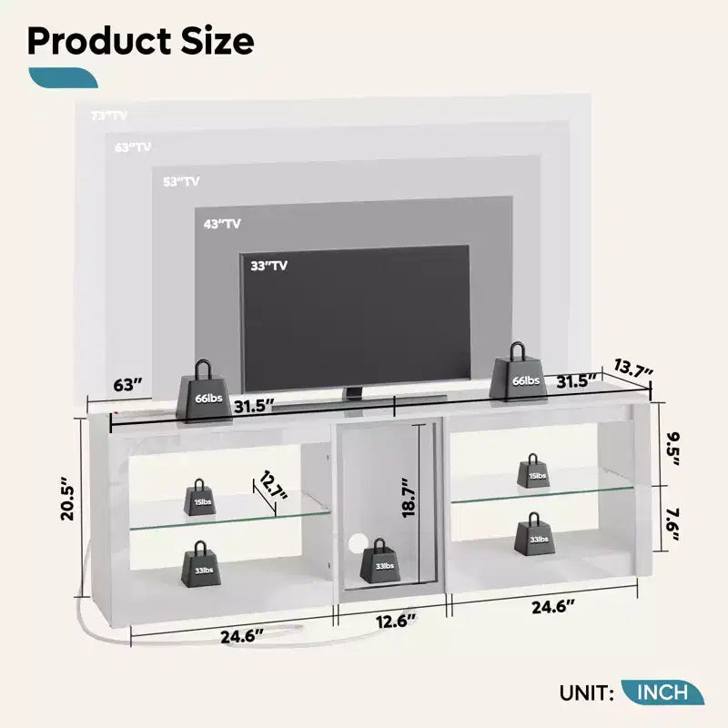 Meuble TV LED de 63 pouces avec station de charge et étagères en verre