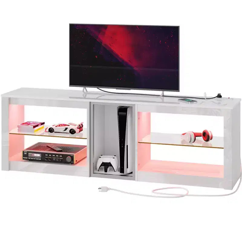Meuble TV LED de 63 pouces avec station de charge et étagères en verre
