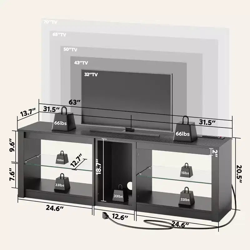 Meuble TV LED de 63 pouces avec station de charge et étagères en verre