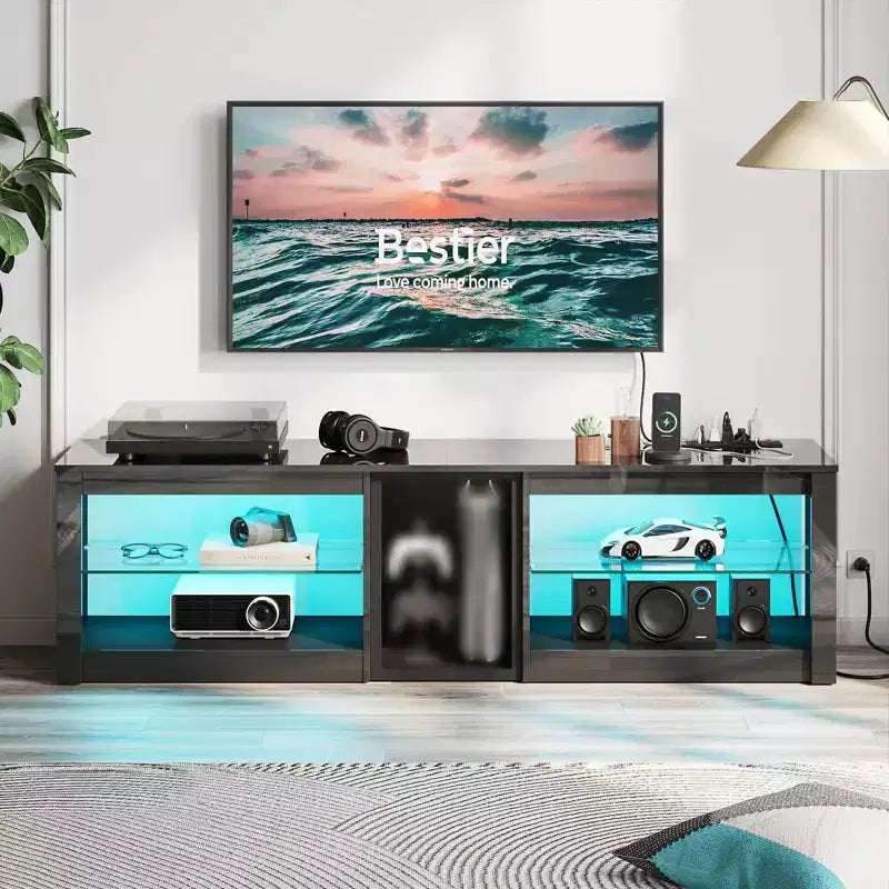 Meuble TV LED de 63 pouces avec station de charge et étagères en verre