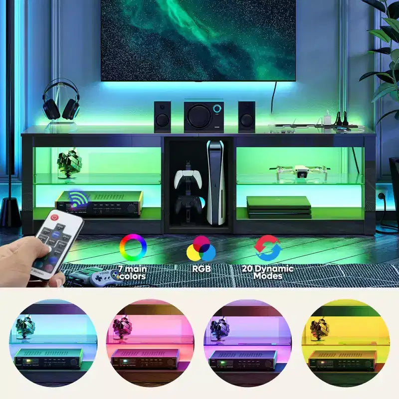 Meuble TV LED de 63 pouces avec station de charge et étagères en verre