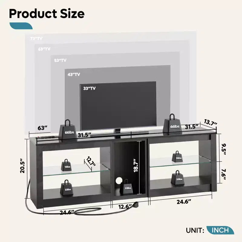 Meuble TV LED de 63 pouces avec station de charge et étagères en verre