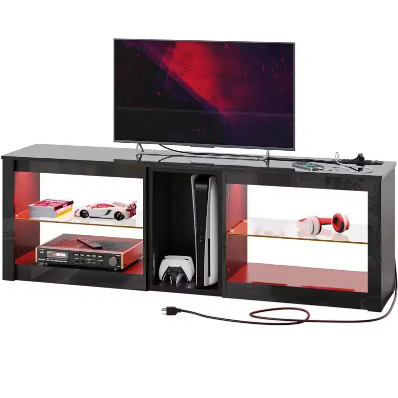Meuble TV LED de 63 pouces avec station de charge et étagères en verre