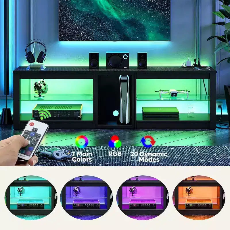 Meuble TV LED de 63 pouces avec station de charge et étagères en verre