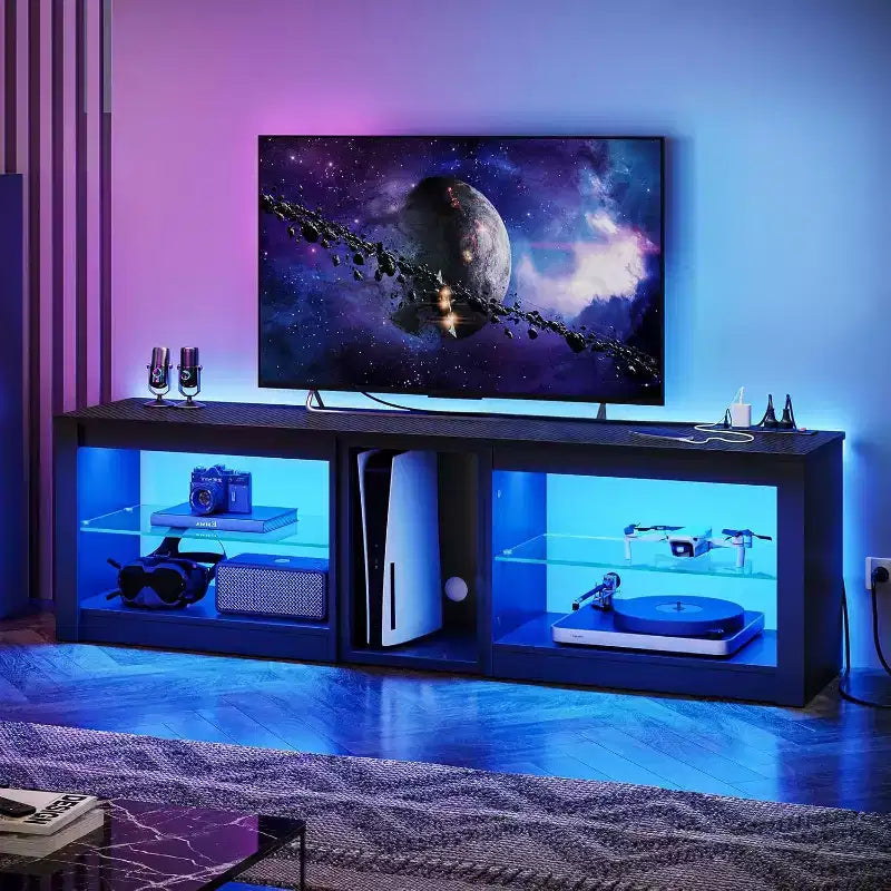 Meuble TV LED de 63 pouces avec station de charge et étagères en verre