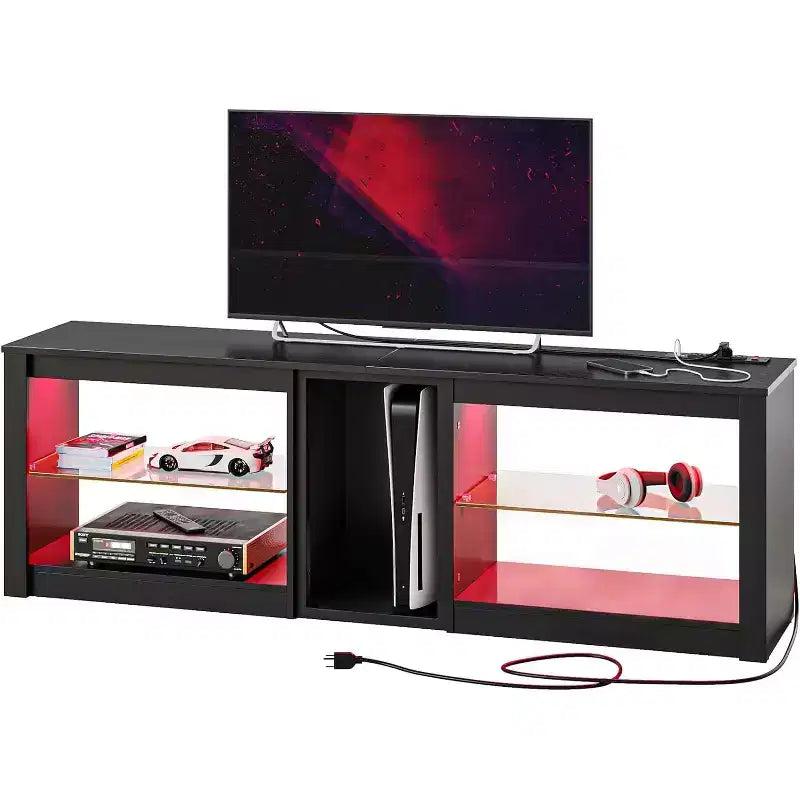 Meuble TV LED de 63 pouces avec station de charge et étagères en verre