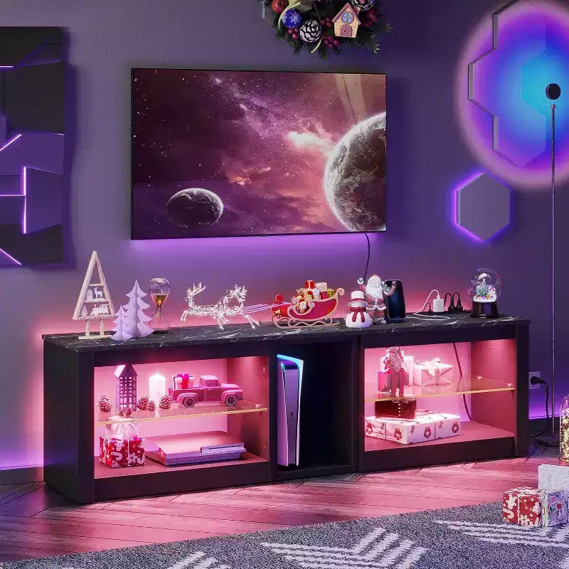 Meuble TV LED de 63 pouces avec station de charge et étagères en verre